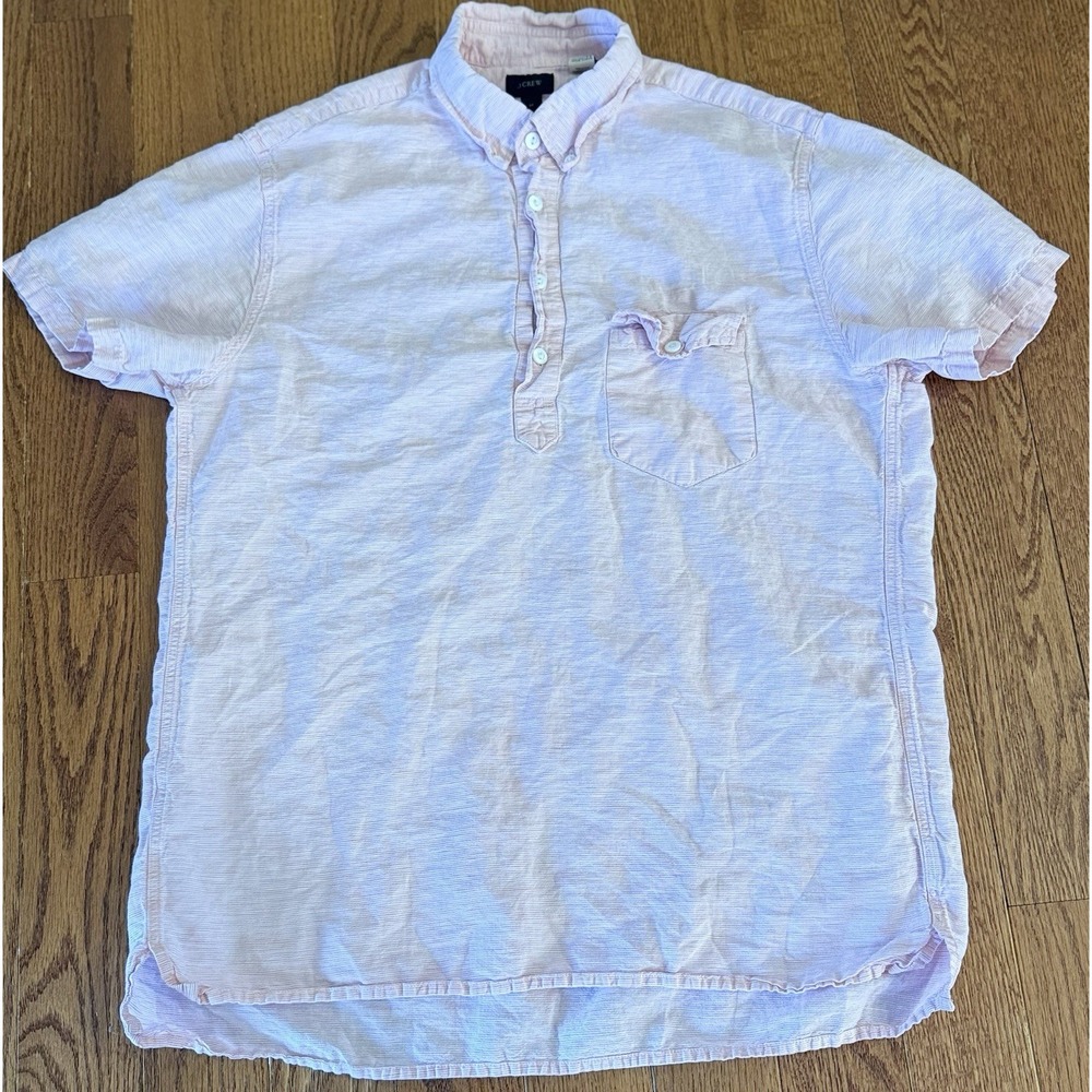 J.Crew Mens M Baird McNutt Irish Linen Short Sleeve Popover Shirt Pink Stripe